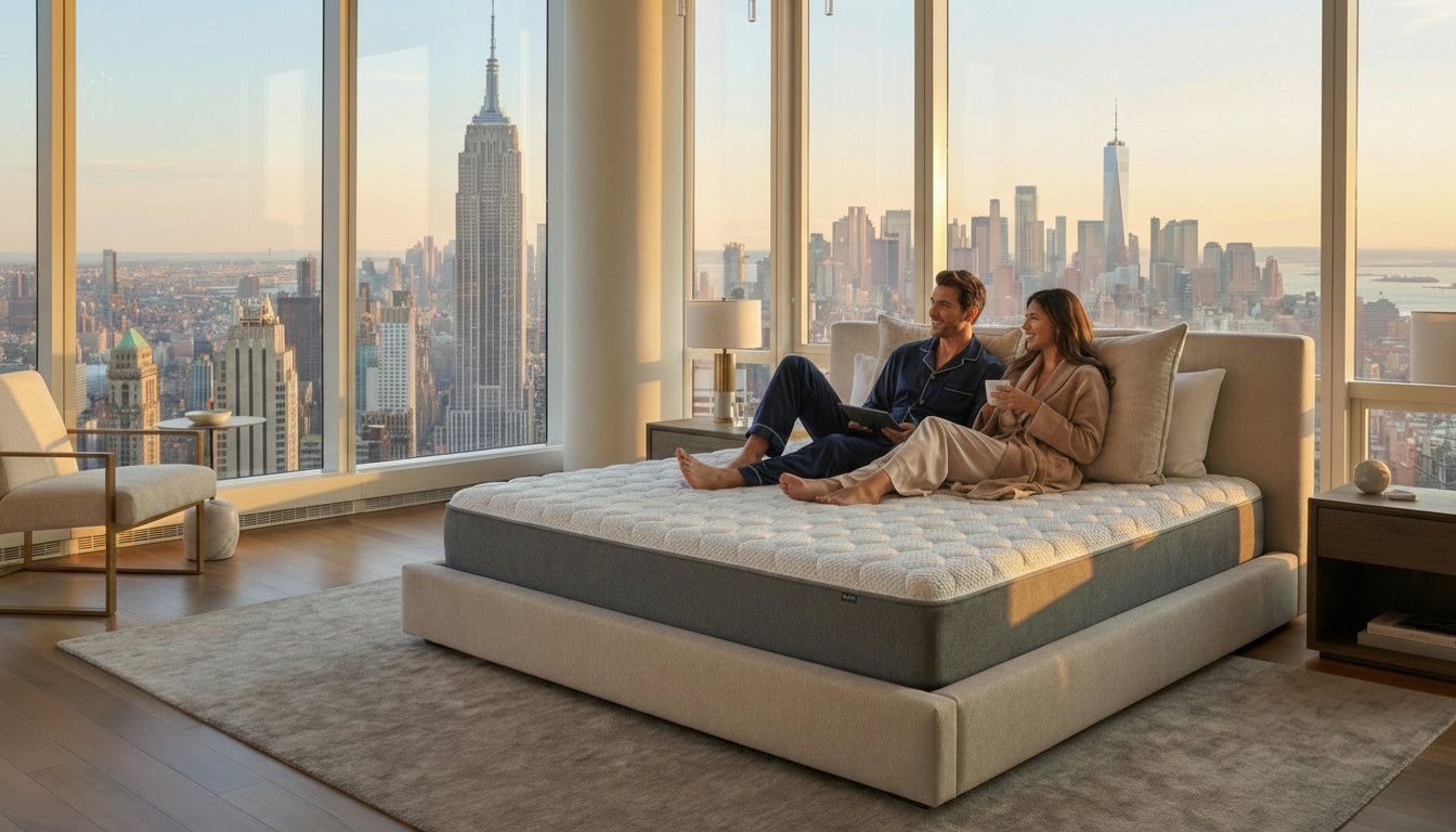 Two people sitting on a mattress in a room with large windows offering a cityscape view.
